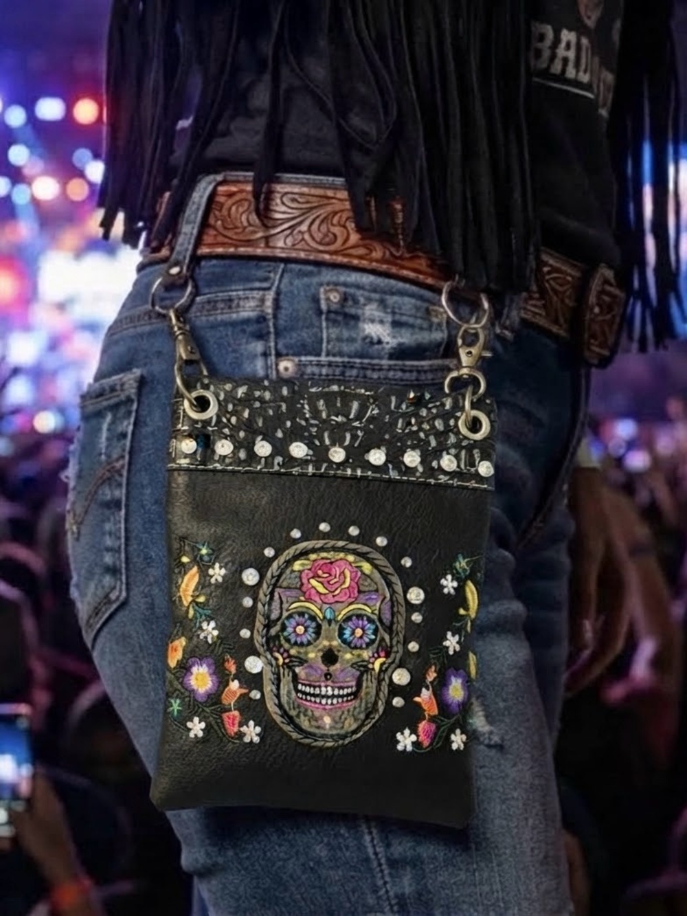 Sugar Skull & Floral Embroidered Biker Hip Clip/Concert/Festival Pouch